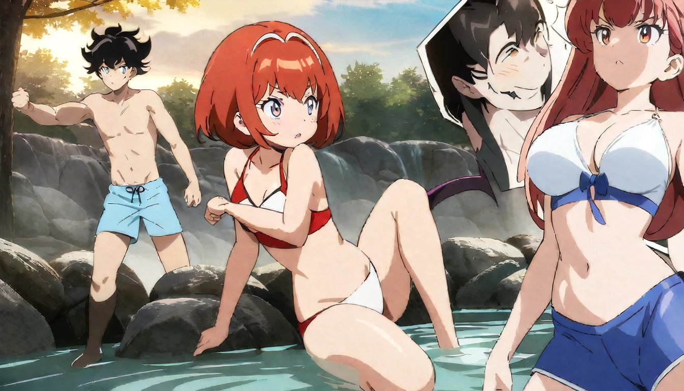 Masterpiece, best quality, very aesthetic, absurdres, create an image of a 2 female anime characters and 1 male character; the heroine, with white long hair, wearing white bikini. the demon lord, with red short hair, wearing red bikini. and the boy, with black short hair, wearing a blue swimming trunk. the boy sits in between both the heroine and demon lord on an outdoor onsen. all depicted in anime comedy shounen art style. shounen anime digital art, expressive shounen anime art, dynamic composition, anime style, highly detailed,