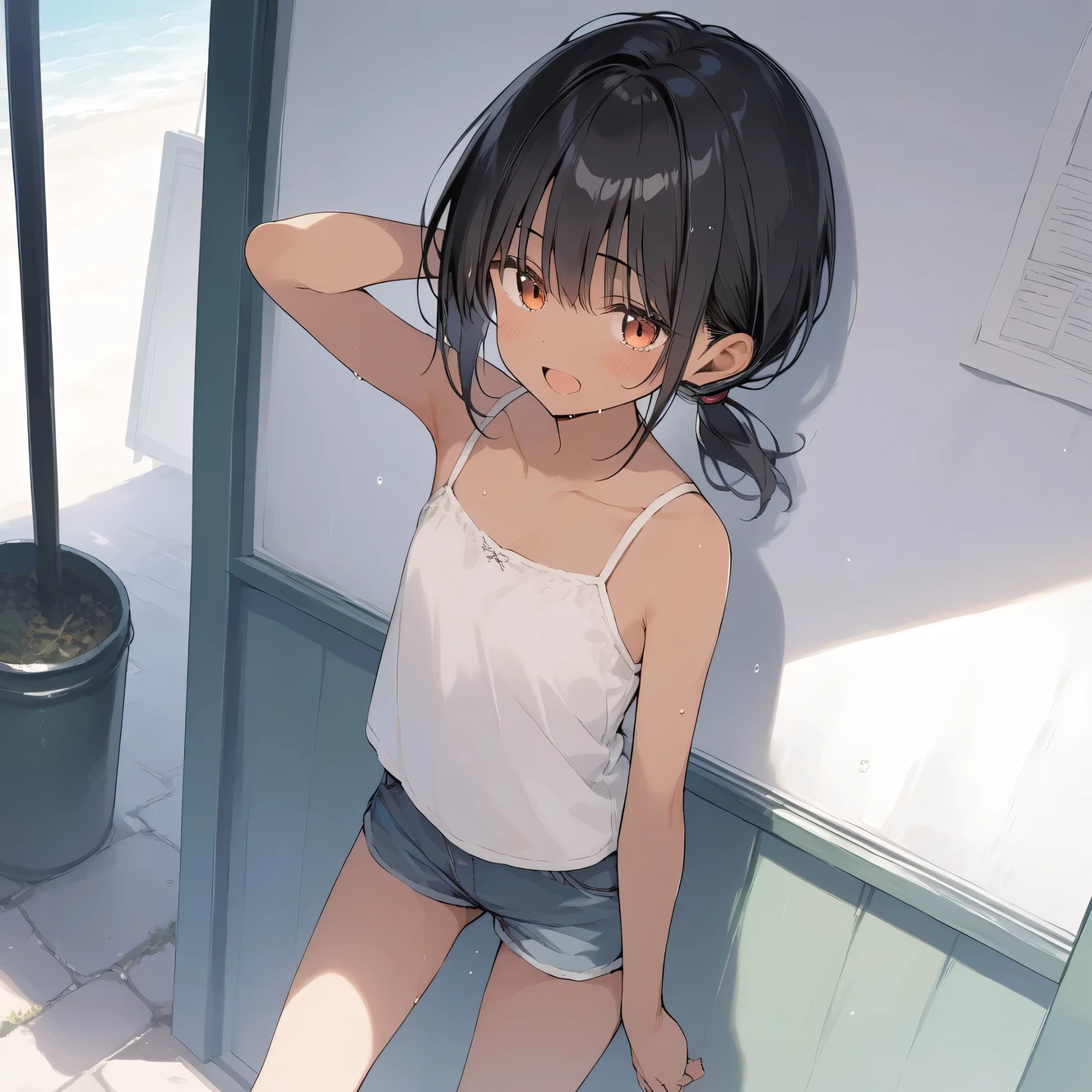 score_9, score_8_up, score_7_up, source_anime, best quality, masterpiece, official art, absurdres, highres, ultra-detailed,waifu2x,Collection: Slice of Life,break,1girl, tomboy, dark-skinned female, short hair, low ponytail, flat chest, beautiful detailed eyes, short shorts, sweat, open mouth, (yawn:0.3), sleepily, outdoors, wind, break,(clear line illustration:1.2),very high resolution, very aesthetic, super detailed skin, Best sexual lighting powered by famous artist, 8k,cute picture,beauty illustration,photoshop_(medium),,(Detailed Lighting),best anime 8k konachan wallpaper, pixiv contest winner,