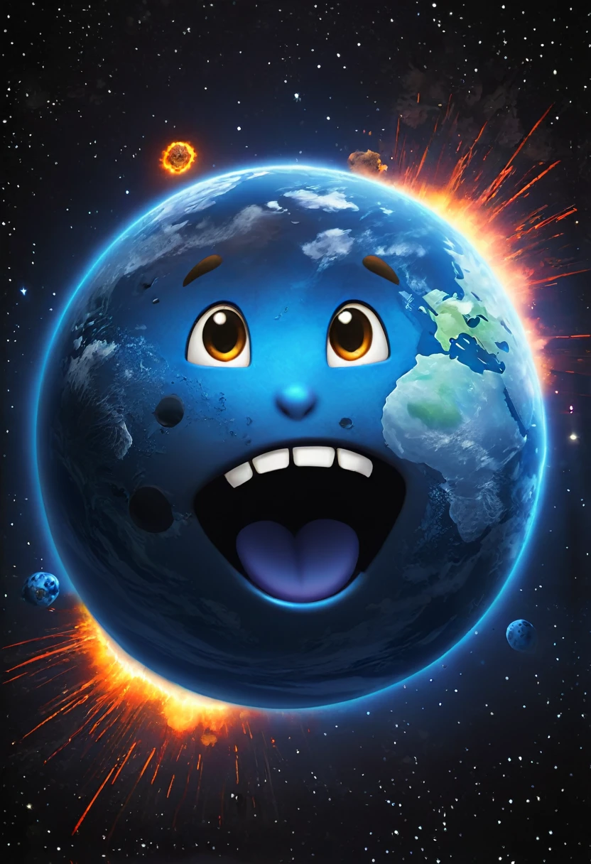 smiley emoji asteroid hitting erupting earth, on dark background