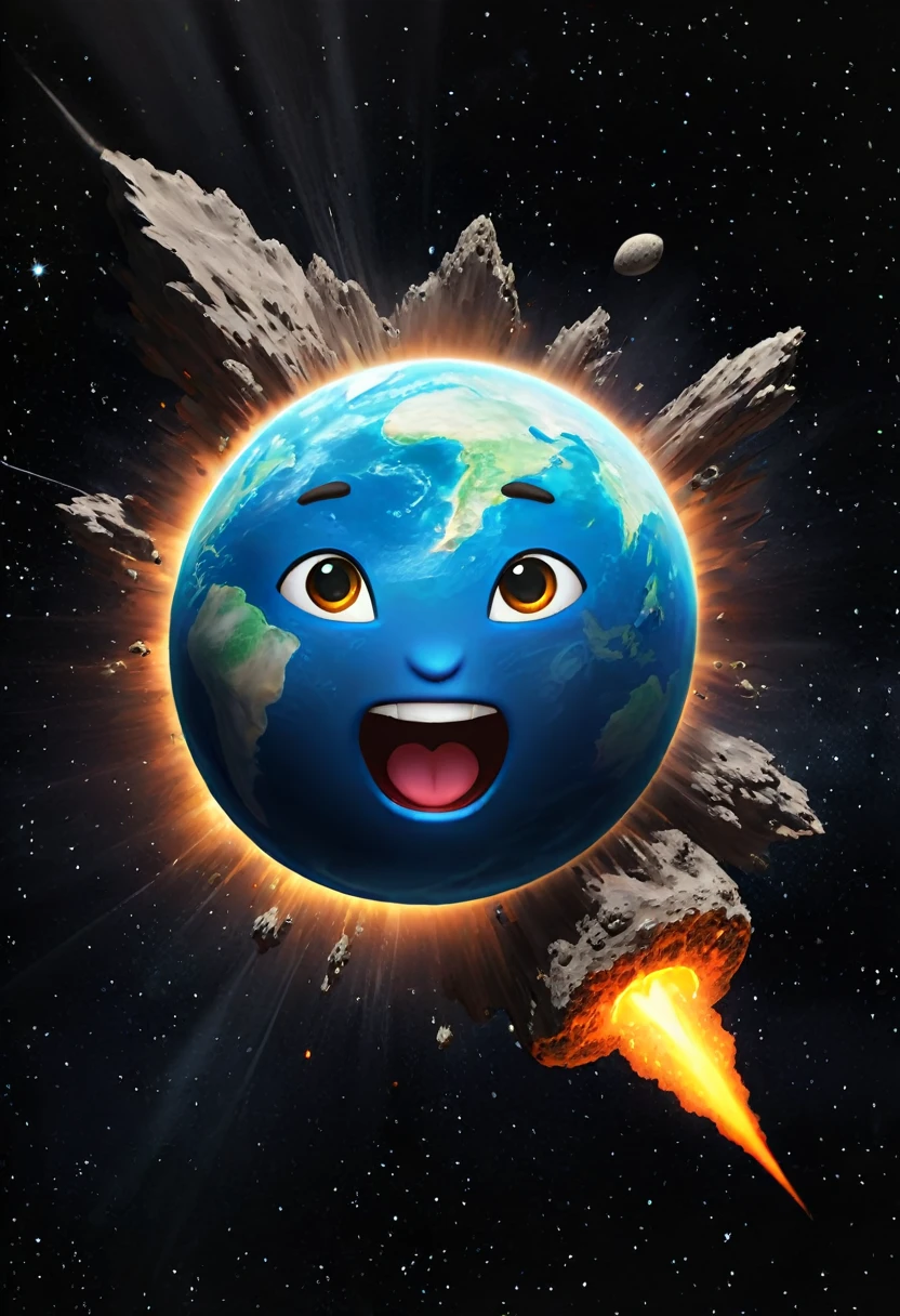 smiley emoji asteroid hitting erupting earth, on dark background