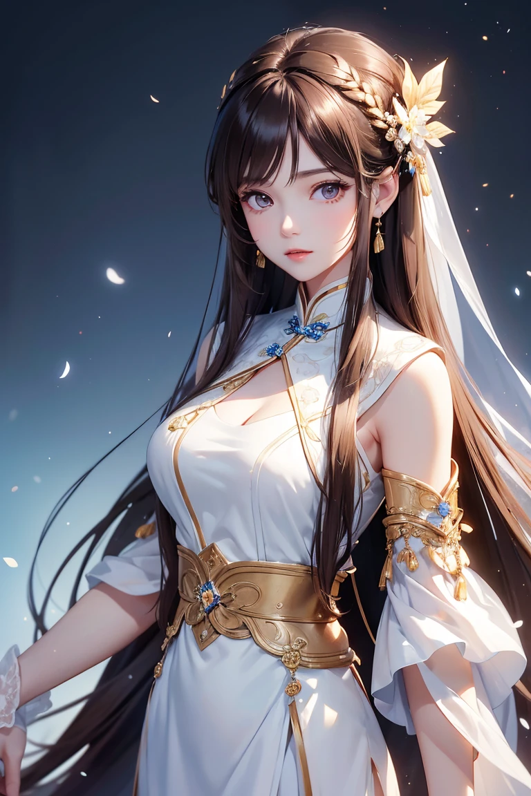 Masterpiece, Best quality, 1 Female, Mature Woman, Elder Sister, young girl, Royal Sister, brown eyes, long hair, smoky mix brown color hair, resolute eyes, white mix blue long dress, long white eardrop, Chinese mix morden, frontal photo, blank background, remove background, anime, illustration