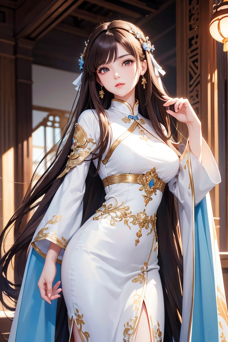 Masterpiece, Best quality, 1 Female, Mature Woman, Elder Sister, young girl, Royal Sister, brown eyes, long hair, smoky mix brown color hair, resolute eyes, white mix blue long dress, long white eardrop, Chinese mix morden, frontal photo, blank background, remove background, anime, illustration