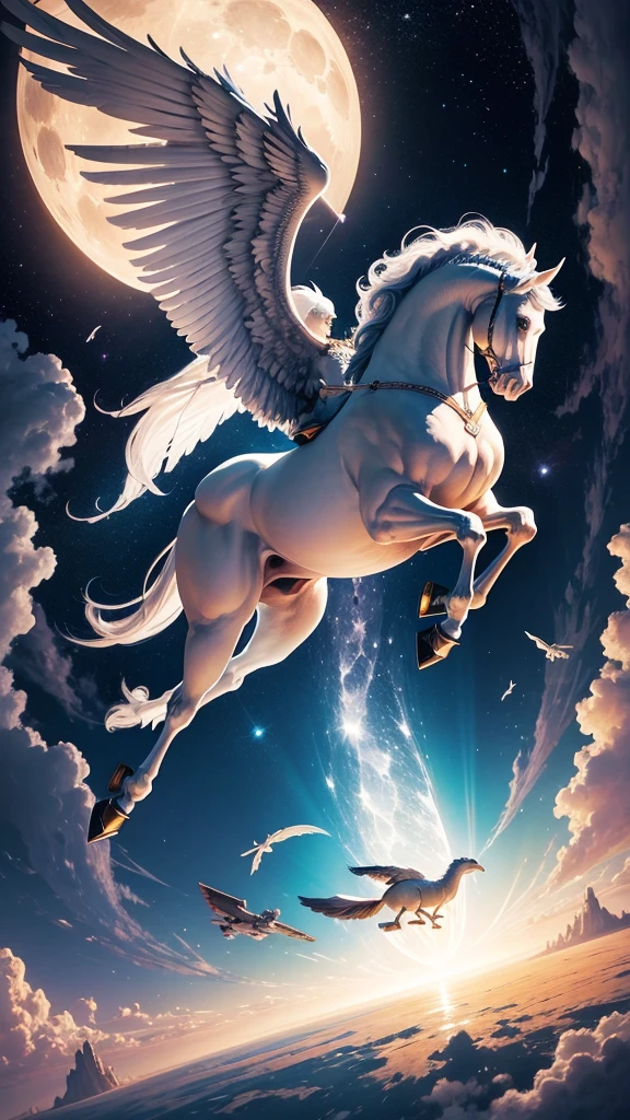 Pegasus flying through space Moon in the background