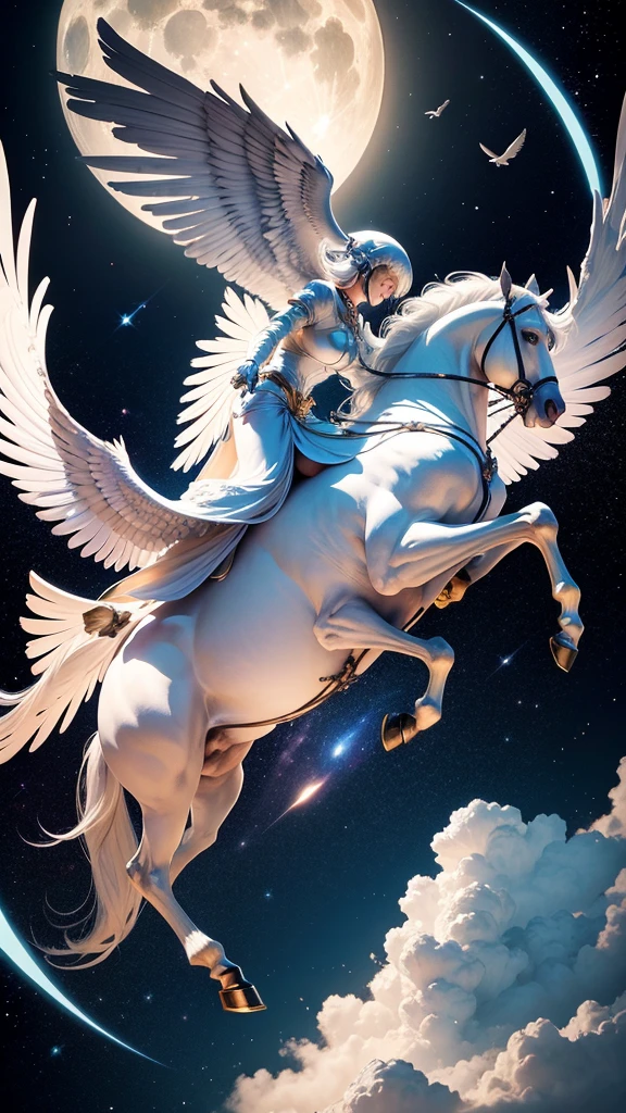 Pegasus flying through space Moon in the background