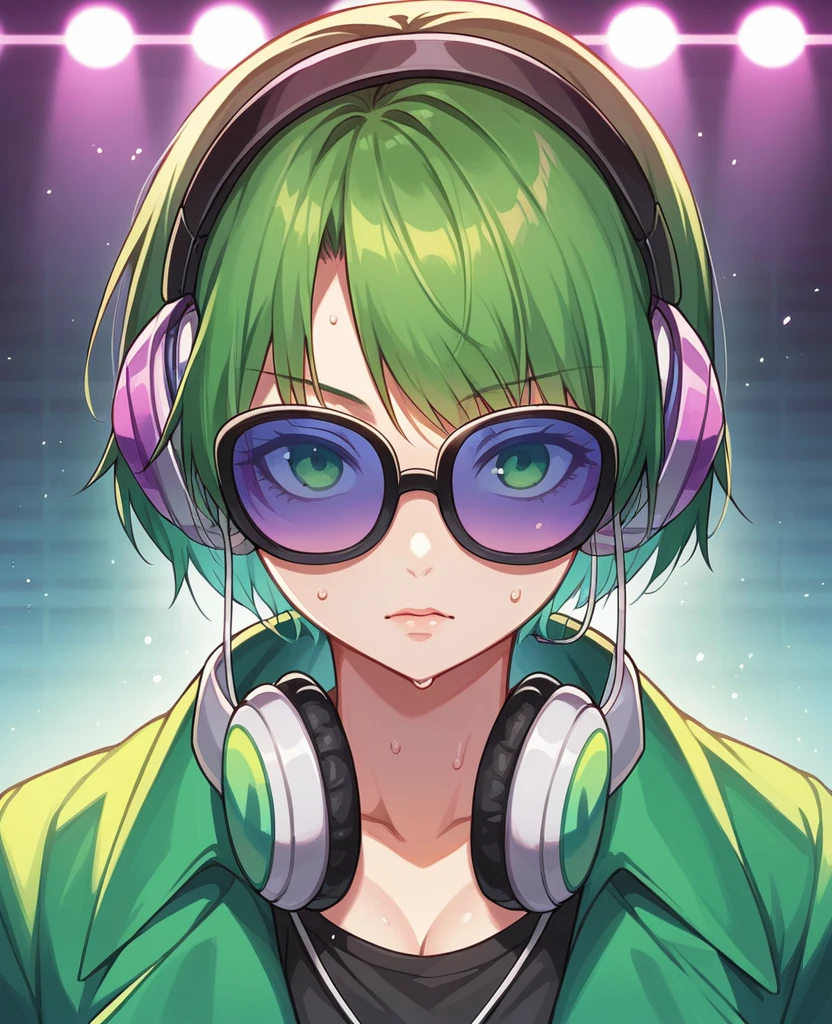 anime, DJ Girl, DJ, DJ girl, Headphones, Highly praised, (Best image quality),masterpiece,Highest quality,extremely detailed CG wallpaper, Ultra_detailed,(Cinema Lighting:1.1), (Cold Face), Green Eyes, One girl, alone, Dark Green_hair, short_hair, masterpiece, Highest quality, Glasses