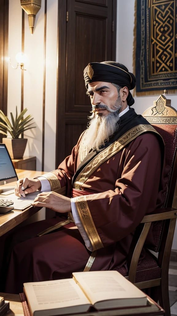 An illustration of Kheireddine Pacha, a male historical figure from Tunisia, with a strong jawline, light to medium complexion, deep-set dark eyes, a prominent nose, and a well-groomed beard and mustache. He wears a traditional red chachia and Grand Vizier robes, seated at a modern desk coding on a computer, blending traditional Tunisian decor with contemporary office elements.