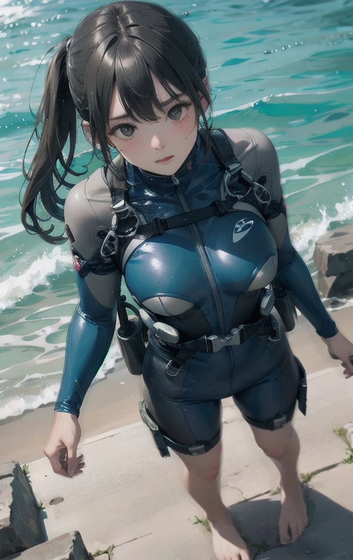 masterpiece, best quality, 1girl, Grey diving suit, barefoot, standing