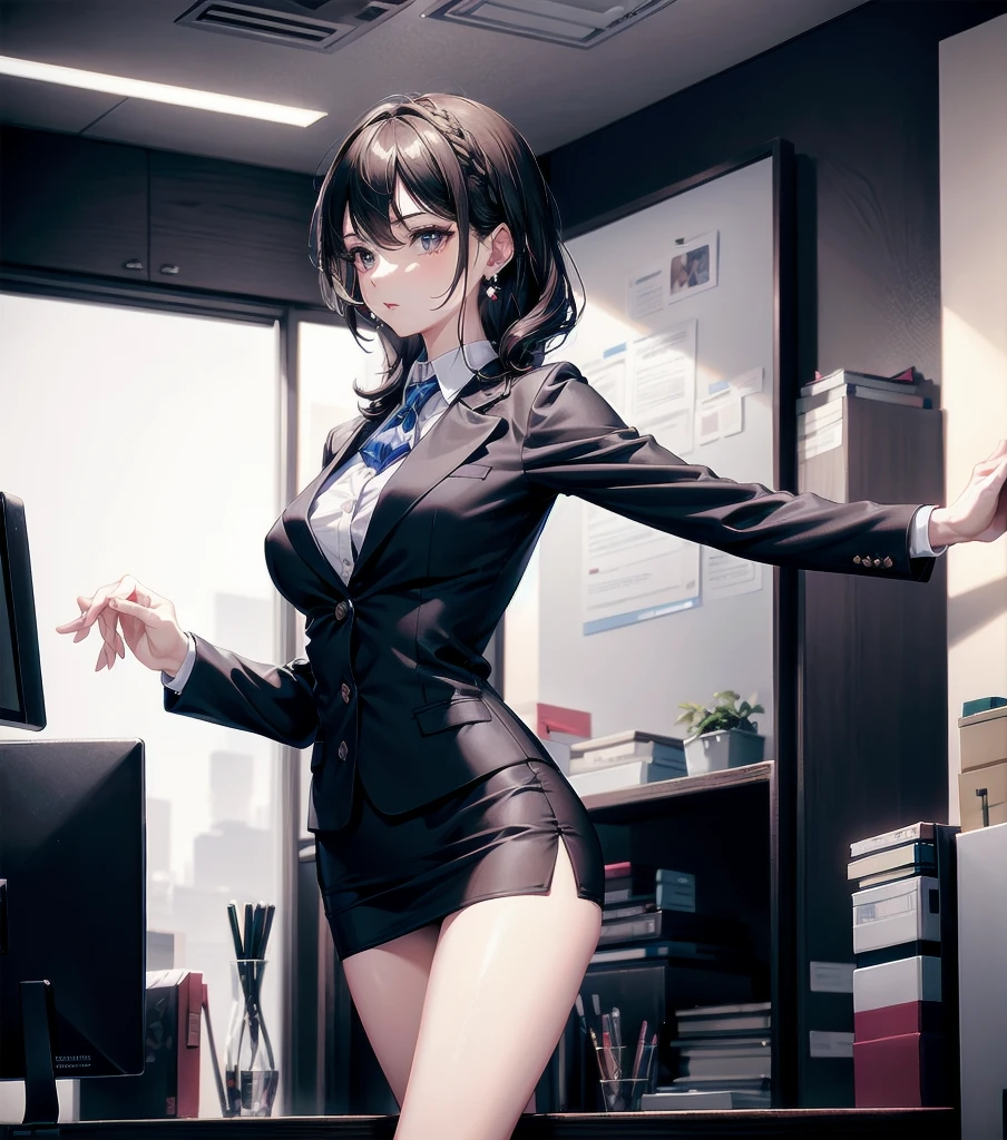 absurdres, RAW photo, extremely delicate and beautiful, masterpiece, Best Quality, ultra high resolution, 32k, hyperrealistic, ultra-detailed, ((perfect anatomy)), super Detailed skin, perfect figure, Very detailed CG 8k wallpaper, in her 20s, very Slim body, narrow waist, very small head, very small face, delicate facial features, tearful mole, earring, thin legs, huge round breasts, whole body shot, shorter middle hair, wavy hair, ((office lady suit)), blouse, blazer, skirt, ((in office)),