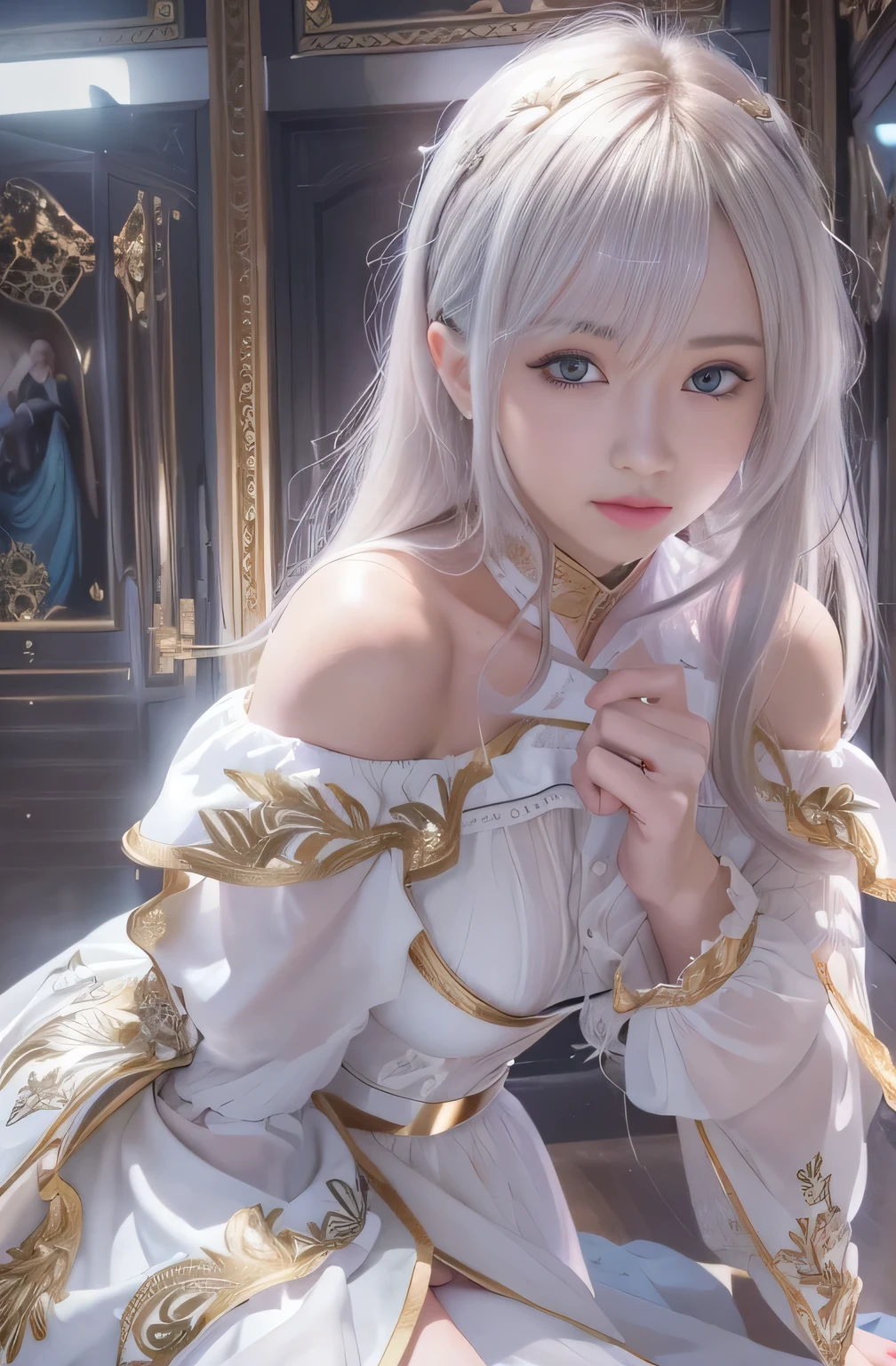 Bright expression、Younger, brighter, whiter skin、Best Lookronde Reflective Light、Platinum blonde hair with dazzling highlights、Shiny bright hair,、Super long, silky straight hair、Shiny beautiful bangs、Shining transparent attractive big blue eye、A very beautiful, lovely and cute 16 year old girl、Ample breasts,Beautiful and detailed eye, Beautifully detailed nose,(( whole body:1.5)),Makeup that accentuates the eyes、,(A woman like Joan of Arc)、Royal Style,Comic book style, , Scattered beneath the surface, Glamorous decoration, Nature background, Super realistic, ((cinematic)), Dramatic lighting, Tabletop、((off-the-shoulder white shirt dress:1.4))、((Fight on the battlefield))、(Loose and fluffy perm:1.4)、One Girl、((Bob Hair:1.3))、Ultra-realistic 8K CG, 絵のようにPerfection face, perfection, clean, Tabletop, Professional artwork, Famous works of art, Perfection face, Beautiful Face, Beautiful eye, ((perfection female body)), alone,(Immersive atmosphere, clair obscur:1.5,Bright light:1.2,Bright lighting),(blush:0.5),A captivated look,Very detailed_eye,Thick thighs,Large Breasts,Beautifully detailed backgrounds,Depth of written boundary,Realistic:1.3, Long Shot,Sitting, whole body, (Ambient Light:1.3),(cinematic composition:1.3),(Neon Light:0.1),(Hmph:0.1),Accent lighting, pantyhose,((Be bold with a dynamic pose:1.5)