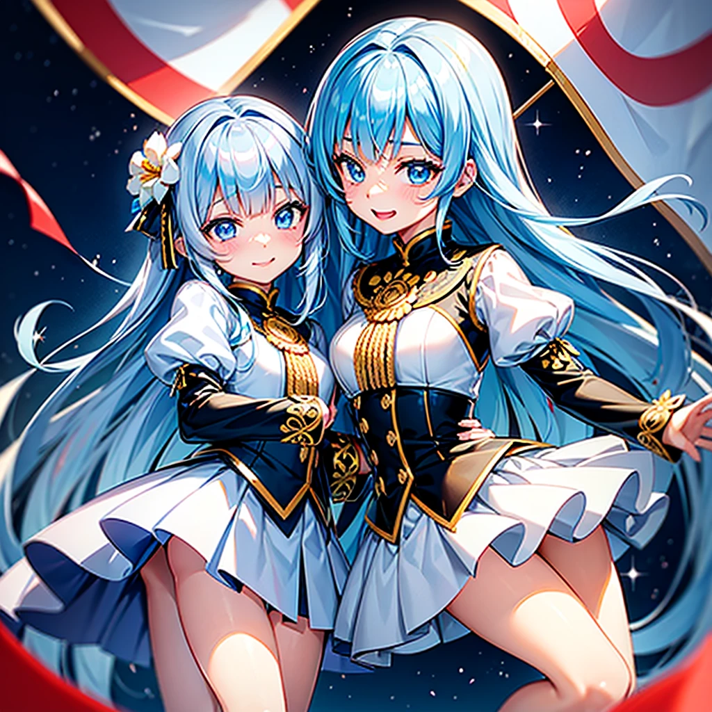 One girl、Absurd、The notes are arranged in a circle、Dynamic configuration、marching band、(((masterpiece、Highest quality、Official Art、Very detailed、The best smile、Handsome face、Dynamic configuration)))、Anime Style、(Milky white and blue hair:1.3),(blue eyes:1.4),(Bright colors:1.4), marching bandのユニフォーム, marching bandの帽子、mini skirt, Frills, Two hands holding a black and white gold embroidered flag,(background:Large red flag and gold flower embroidery on the back, Note, )、Giant Flag、旗をbackgroundにかっこいい構図、marching band、marching bandユニフォーム、