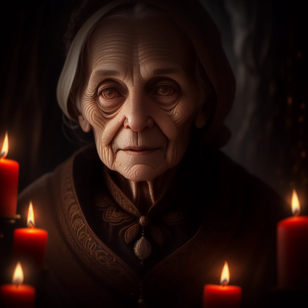 Intricate half body portrait of a very old Caucasian woman with wrinkles, illuminated by warm litted candles, with a backdrop of eerie dungeion . stunning interpretive visual,
