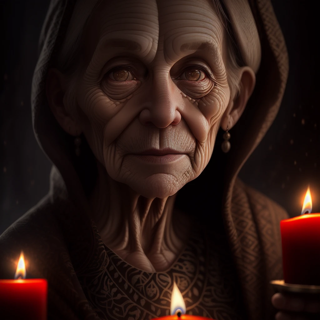 Intricate half body portrait of a very old Caucasian woman with wrinkles, illuminated by warm litted candles, with a backdrop of eerie dungeion . stunning interpretive visual,