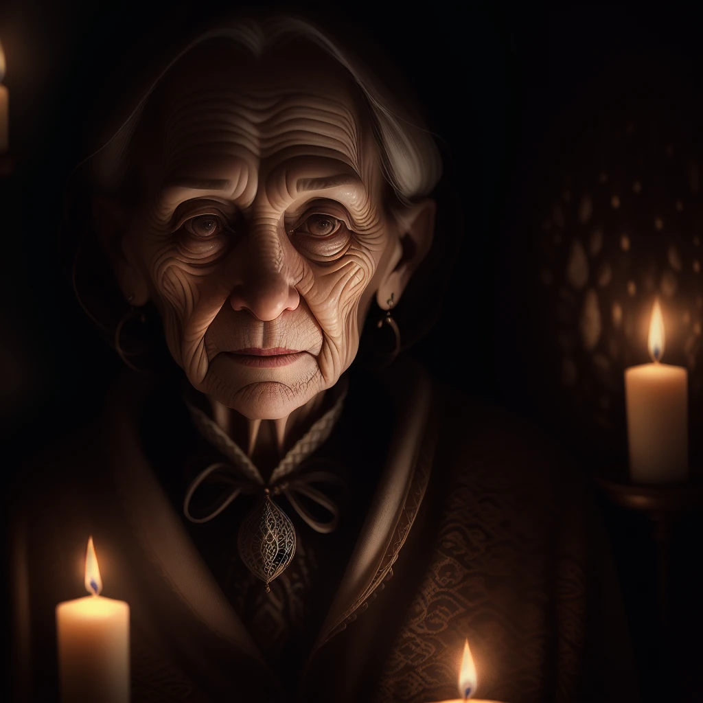 Intricate half body portrait of a very old Caucasian woman with wrinkles, illuminated by warm litted candles, with a backdrop of eerie dungeion . stunning interpretive visual,