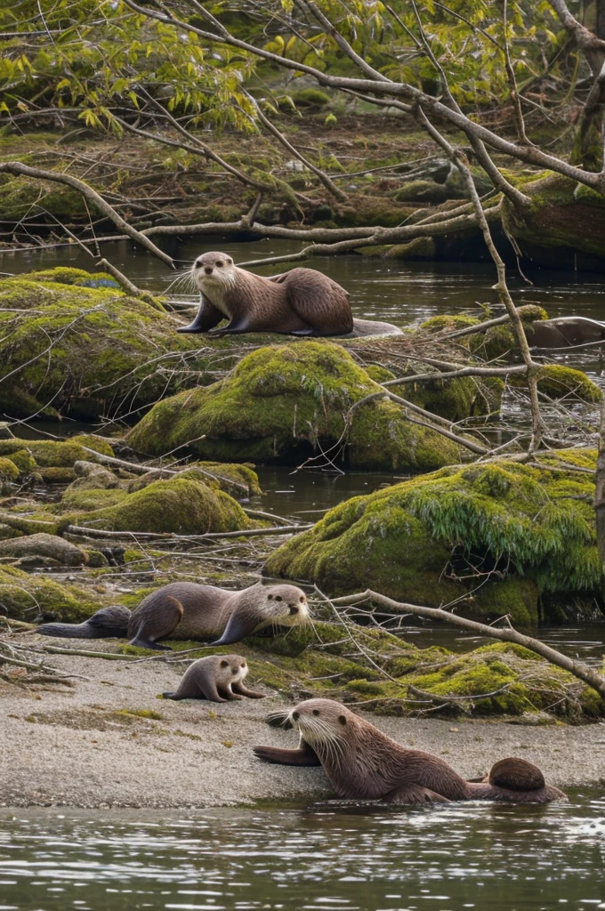 An otter piles branches on a river bank to build a nest,Another otter poked its head out from between the branches.
