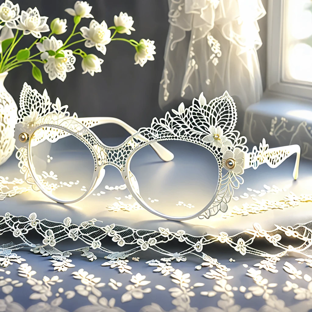 White laceで出来た眼镜, Beautiful lace glasses, Lace glasses for room decoration, indoor, White lace, Very delicate lace, best quality:1.2, 4K, 8K, Very detailed, High Detail, masterpiece:1.2