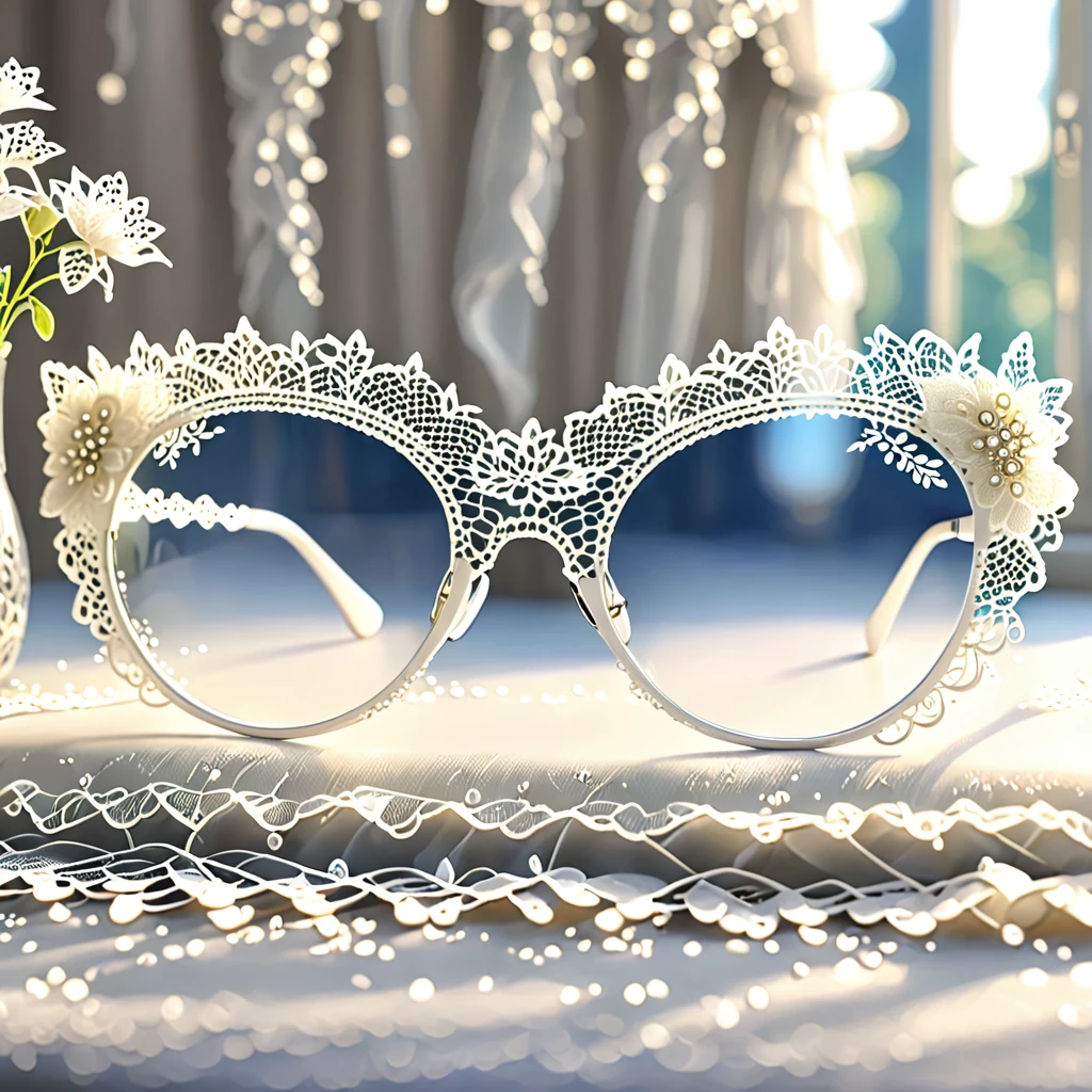 White laceで出来た眼镜, Beautiful lace glasses, Lace glasses for room decoration, indoor, White lace, Very delicate lace, best quality:1.2, 4K, 8K, Very detailed, High Detail, masterpiece:1.2