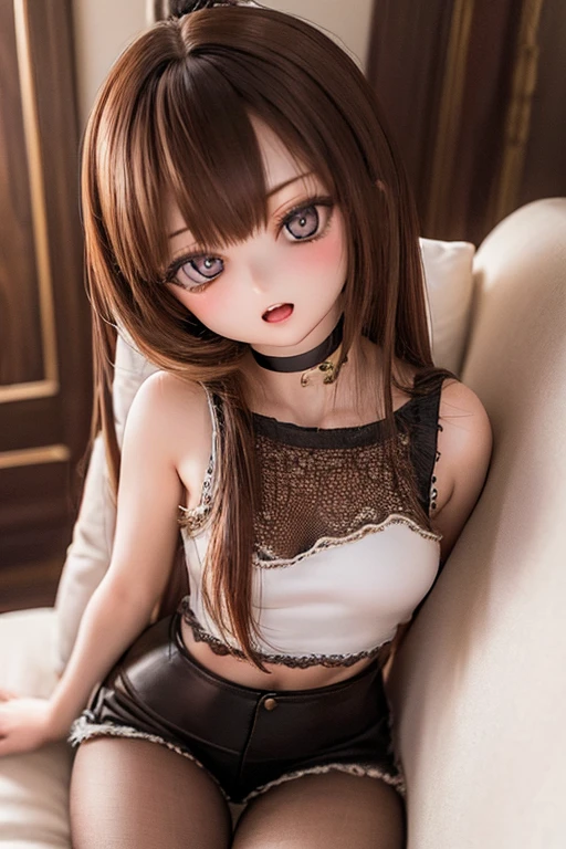photorealistic, realistic photo, ((highest quality)), ((masterpiece)), ((extremely detailed)), kukolnydom, doll, (mature woman, 22yo, 22 years old:1.6), solo, ((cowboy shot, sitting on sofa, reclining on sofa, arms by sides)), green eyes, open mouth, (brown hair, looking above, blank eyes, empty eyes, detailed eyes, detailed face:1.3), tank top, hot pants, choker, room, 8k