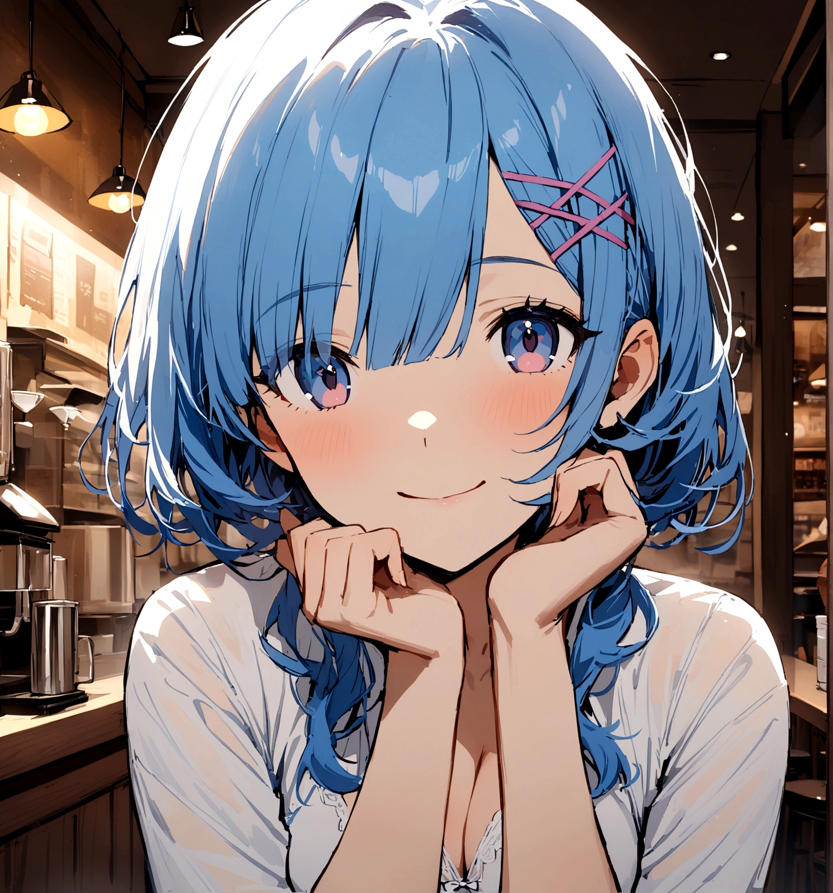 masterpiece, Highest quality, Rem, One Girl, lingerie,Beautiful Eyes,Blue Hair,Upper Body,Inside the coffee shop,White shirt,smile