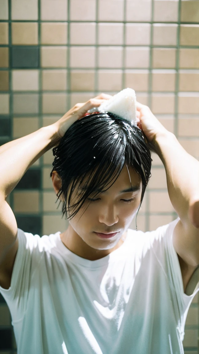 Japanese man washing his head with shampoo