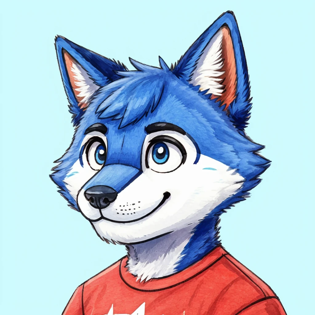 headshot of a cute and anthropomorphic blue colored fur, cute wolf, closed smile, he has a t-shirt, headshot, high quality furry art, cute background. animal crossing style.