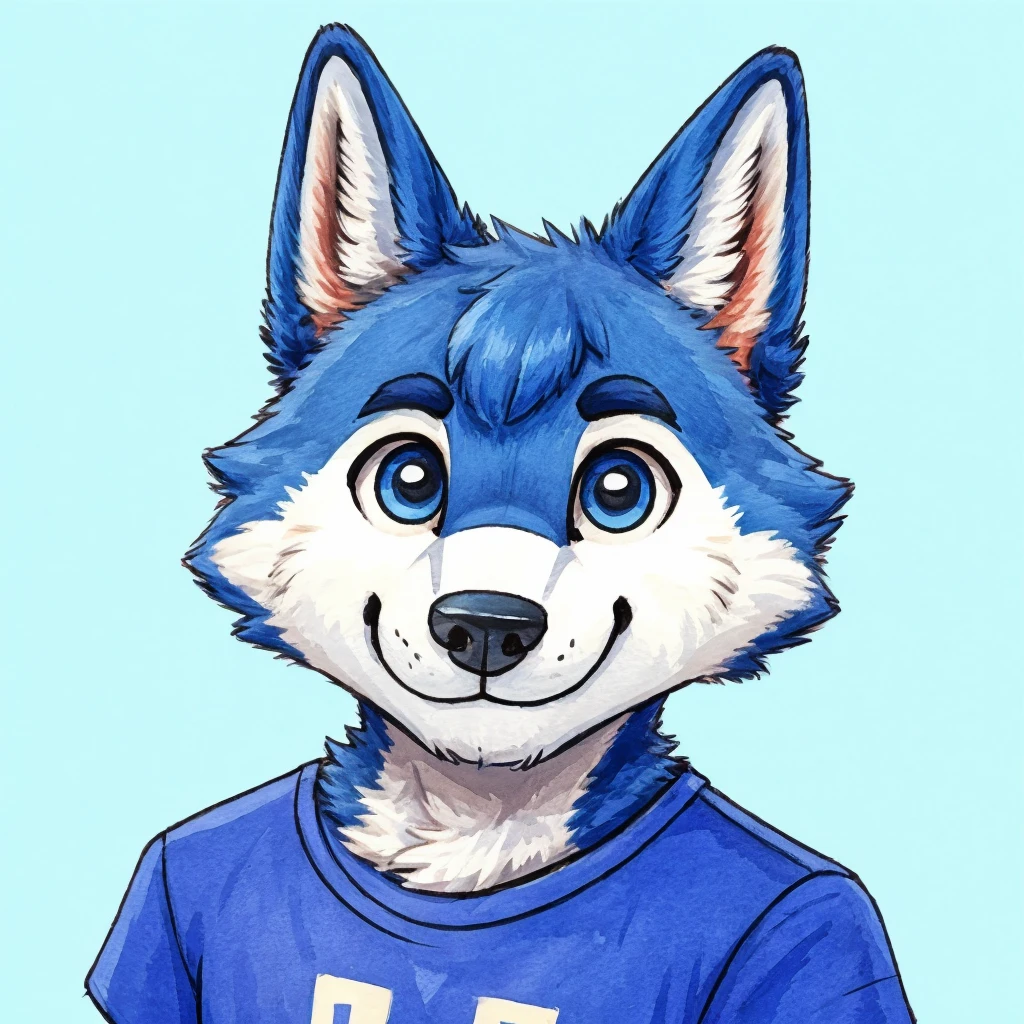 headshot of a cute and anthropomorphic blue colored fur, cute wolf, closed smile, he has a t-shirt, headshot, high quality furry art, cute background. animal crossing style.