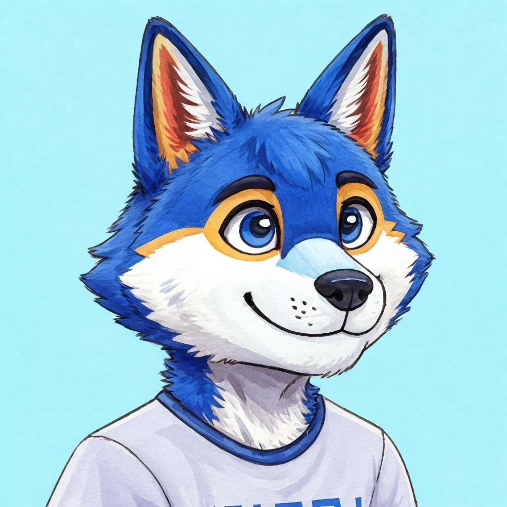 headshot of a cute and anthropomorphic blue colored fur, cute wolf, closed smile, he has a t-shirt, headshot, high quality furry art, cute background. animal crossing style.