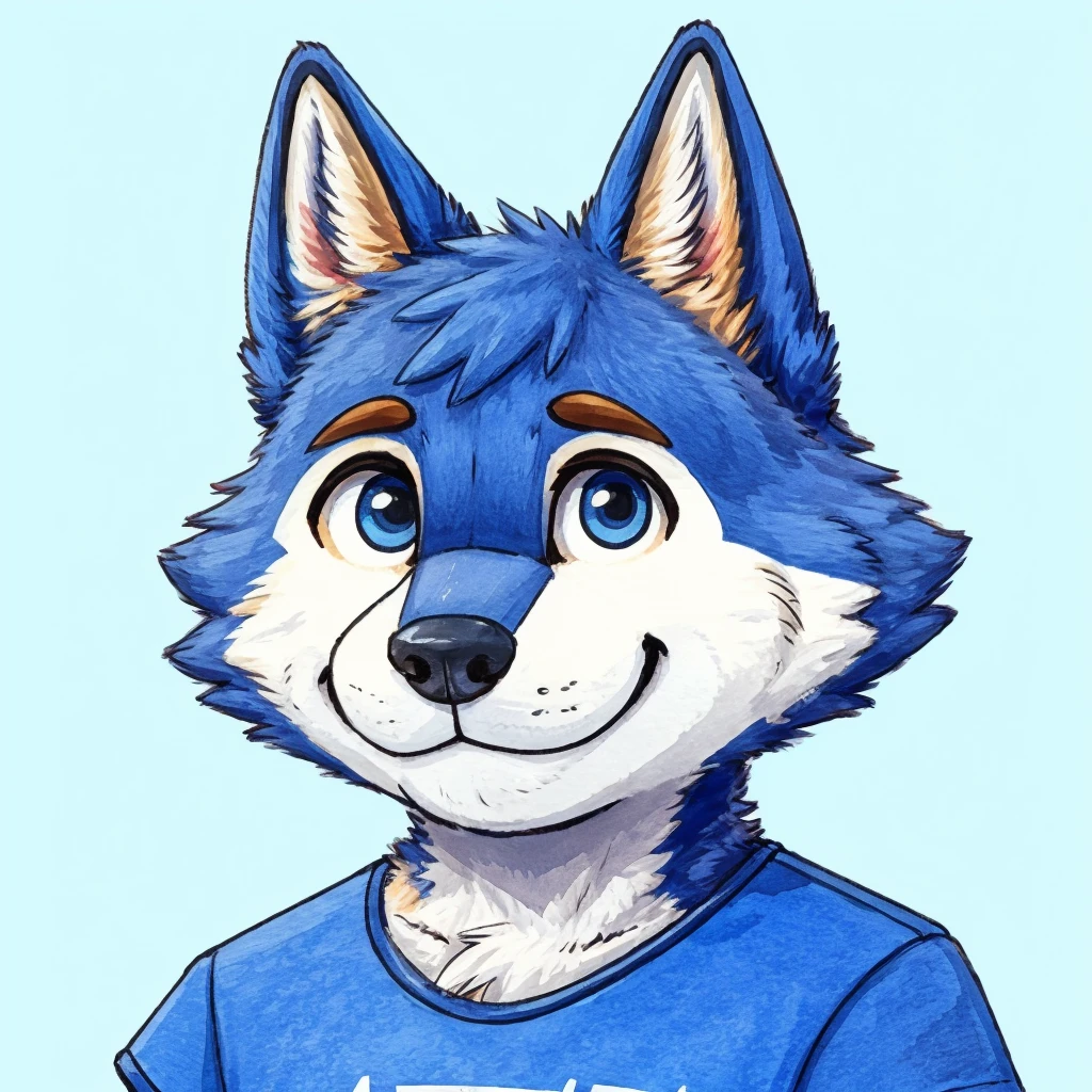 headshot of a cute and anthropomorphic blue colored fur, cute wolf, closed smile, he has a t-shirt, headshot, high quality furry art, cute background. animal crossing style.