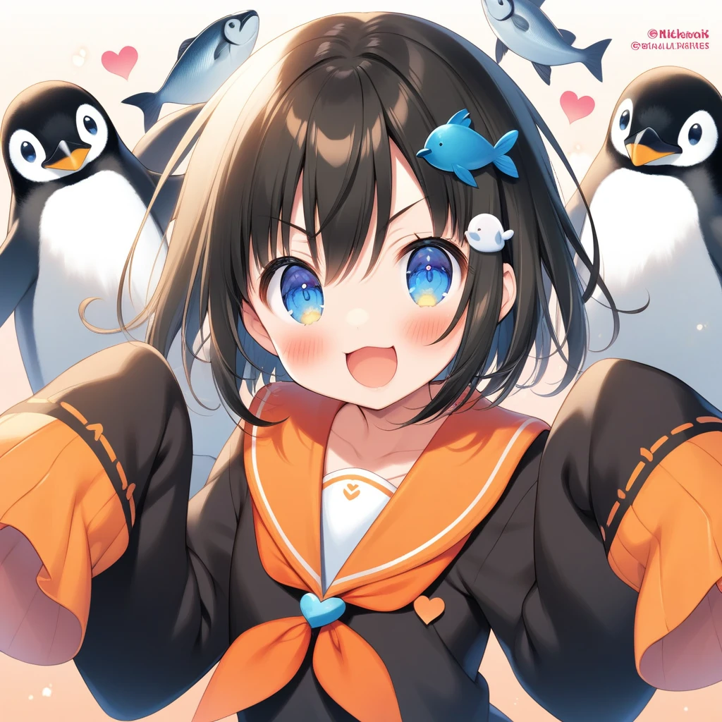 penguin, pan \(mimi\), absurdres, official art, absurdres, :d, :), black hair, blue eyes, blush, fish hair ornament, gradient background, hair between eyes, hair ornament, heart, looking at viewer, neckerchief, open mouth, orange neckerchief, short hair, sleeves past fingers, sleeves past wrists, smile, twitter username, v-shaped eyebrows, virtual youtuber, ((very aesthetic, best quality, ultra detailed))