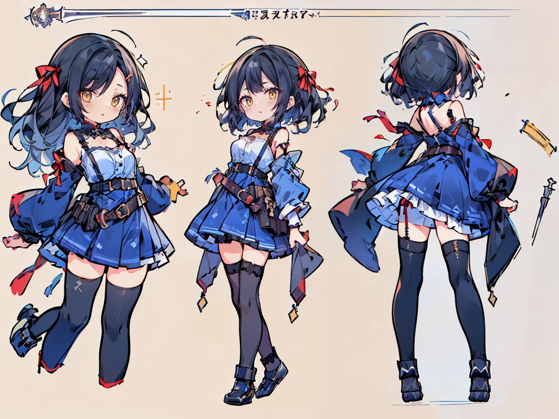 (((three-sided view, front view, side view, back view, multiple views, multiple poses and expressions, many parts)), concept art, character concept art, character sheet, Full body, illustration, (simple background, gray background), 1 character, 1girl, fantasy art:1.1), (hui xiyi:0.7), rekkyo sensen, rekkyou sensen, girls with((black hair, bangs, (one side up, long wavy hair, ribbon:1.55), perfect hands, perfect fingers, (exposed breasts, tits cleavage, breasts close up:1.2), dress((suspenders, dress, belt, nun:1.15), (blue clothes, frills shirt, no sleeves, sleeveless, frills dress, frills skirt, wind blowing dress, long sleeves, white legwear, thighhighs, single thighhighs, single legwear, black footwear, strap shoes:1.42))
