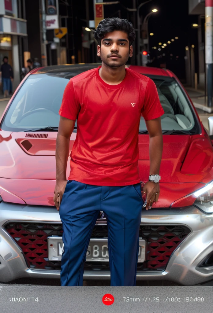 arafed man standing in front of a red car on a city street, with a cool pose, full body photogenic shot, full body picture, front profile!!!!, candid picture, * colour splash *, standing in road, jayison devadas, taken with canon 8 0 d, full body photograph, shot on sony a 7, very artistic pose white t shirt