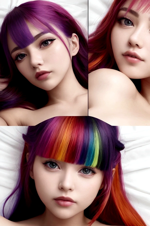 6 headshot photos in one photos, extremely beautiful woman with multicolored hair, laying on a white bed, looking at the camera man, multicolored garter set, 