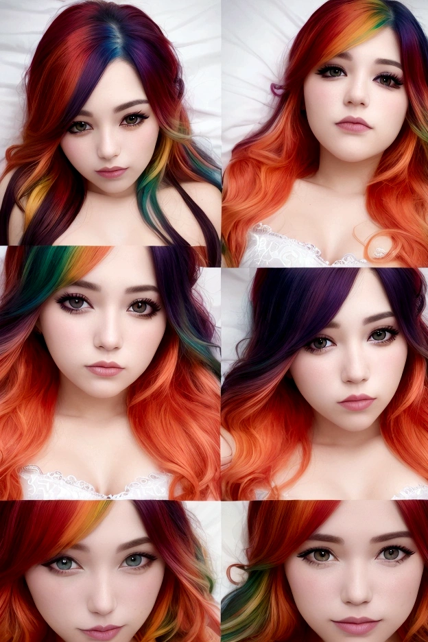 6 headshot photos in one photos, extremely beautiful woman with multicolored hair, laying on a white bed, looking at the camera man, multicolored garter set, 