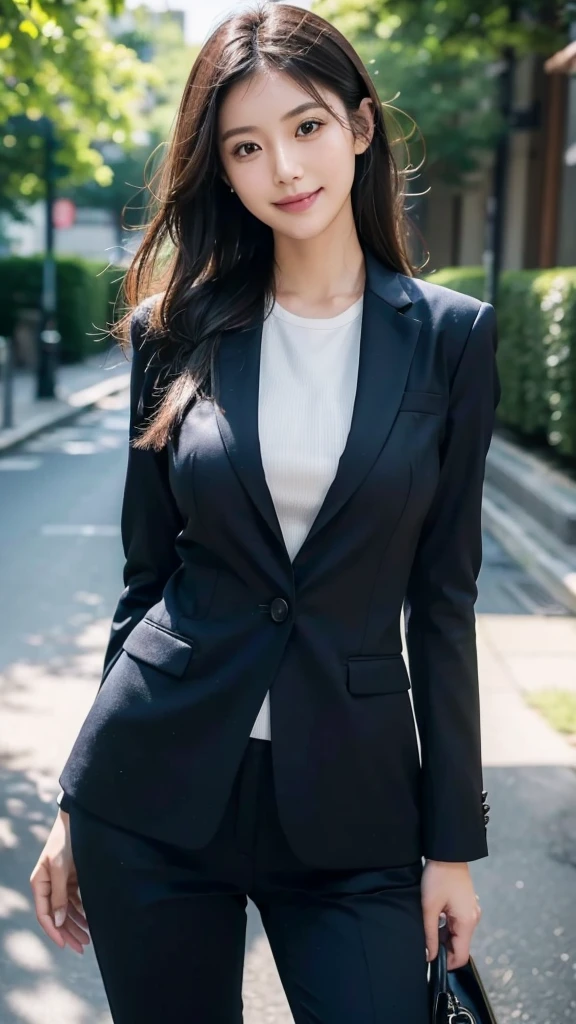 ((最high quality, 8K, masterpiece: 1.3)), (close:0.75), Realistic, Sharp focus, high quality, High resolution, Portraiture, Portraiture, 1. Japanese,Huge Busty Woman、26 years old、career woman、Slim and thin body type、Her breasts are extremely large (Wearing a navy suit), ((Very strong sunlight)), smile, Long black hair,会社の前でsmileでむ、Full body shot image、