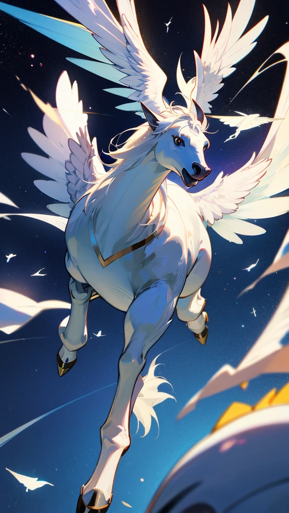 Pegasus flying through space Moon in the background
