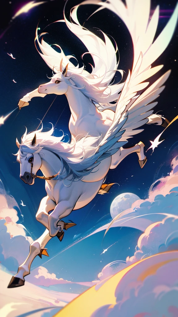 Pegasus flying through space Moon in the background