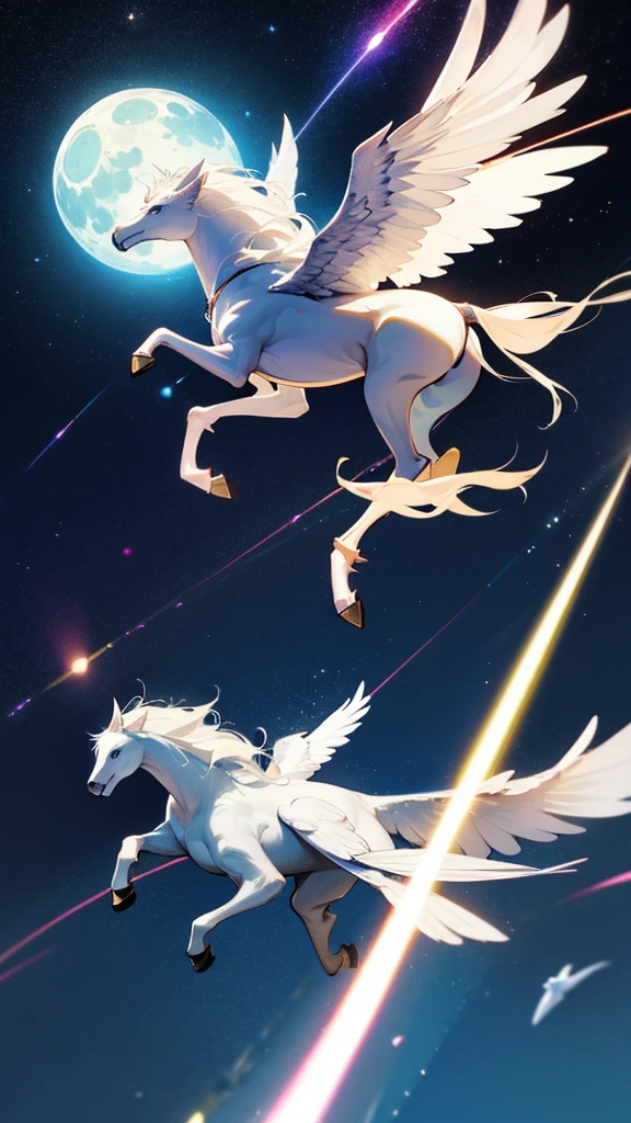 Pegasus flying through space　Moon in the background