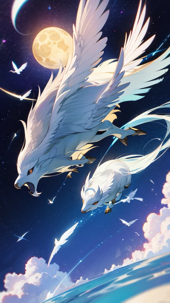 Pegasus flying through space　Moon in the background