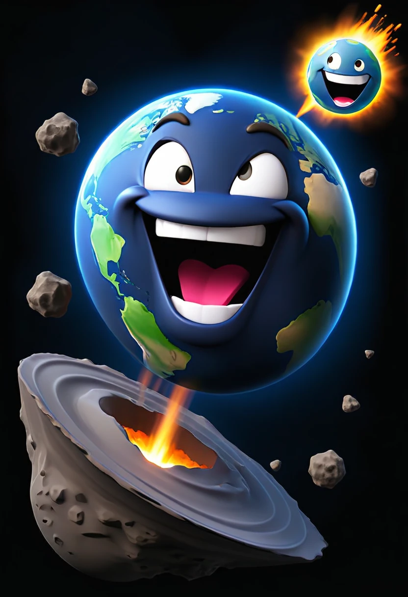 smiley emoji asteroid hitting erupting earth, on dark background