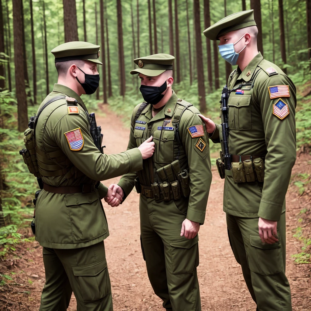 white 2males, 2guys, 2soldiers, wearing 1994 american military uniforms, shaking hands, wearing balaclavas, wearing mask, face headen, in a forest, beautiful background, no more than 2 characters, 