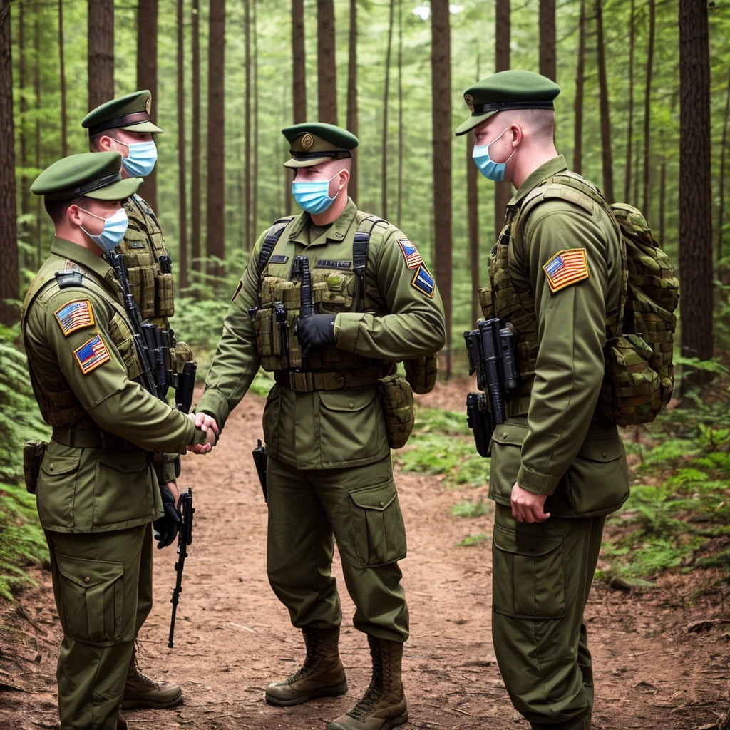 white 2males, 2guys, 2soldiers, wearing 1994 american military uniforms, shaking hands, wearing balaclavas, wearing mask, face headen, in a forest, beautiful background, no more than 2 characters,