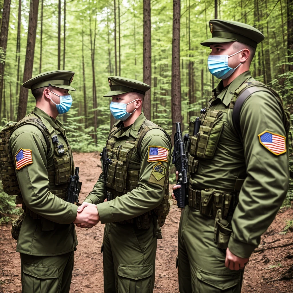 white 2males, 2guys, 2soldiers, wearing 1994 american military uniforms, shaking hands, wearing balaclavas, wearing mask, face headen, in a forest, beautiful background, no more than 2 characters,