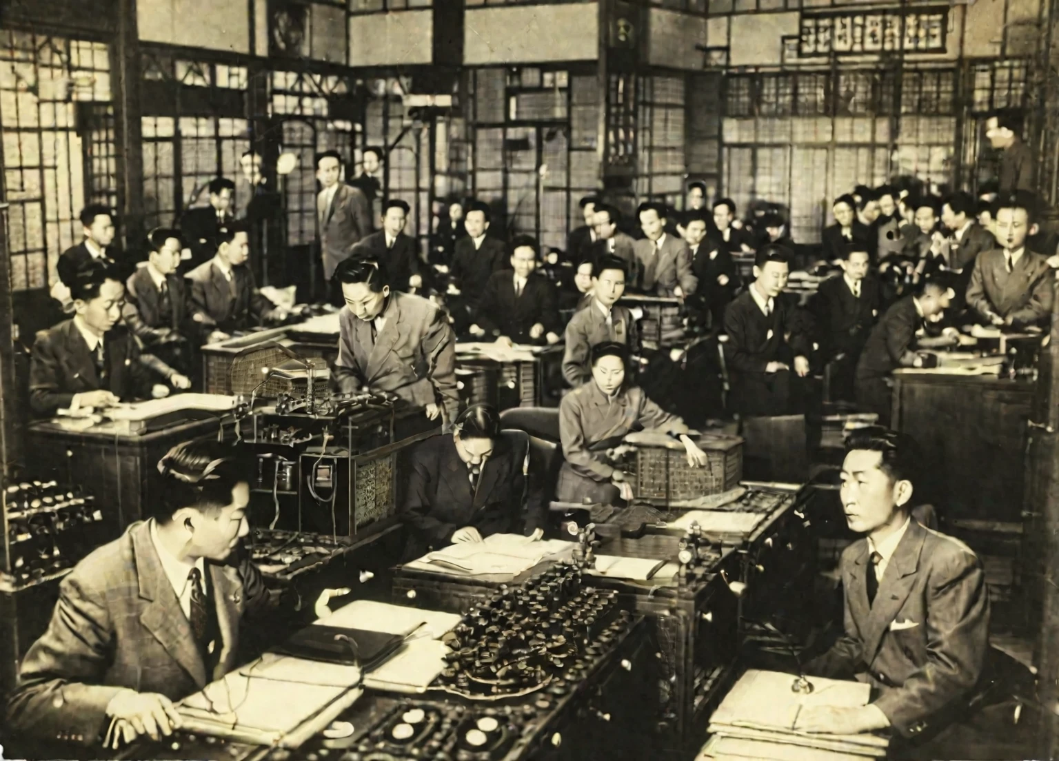 In 1949，China，Shanghai，Radio Station Office，Dim light，（The desk is filled with telegraph machines）。Several employees are working hard，One of the middle-aged men，30 years old，Wearing an old-style Zhongshan suit，The expression is firm，We are discussing with employees how to respond to the government&#39;s orders，（（They were surrounded by radio equipment.）），In the background you can see some circuit diagrams on the wall。high detail, cinematic lighting, film grain, god rays, anatomically correct, high quality