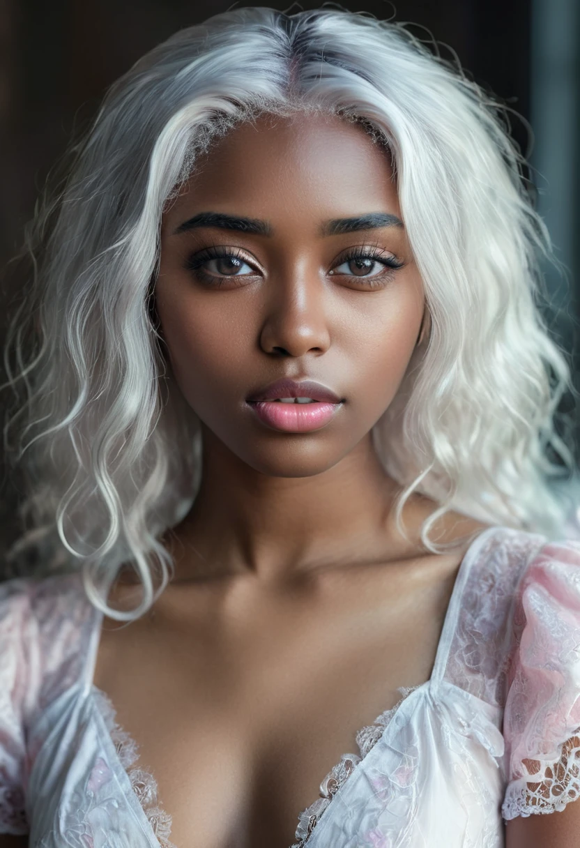 comely (((darkskin:1.2))) androgen:1.3, ((darkskin:1.2)), (((White hair))), ethereal darkskin beauty,blue piercing eyes,long flowing White hair,darkskin complexion,soft pink lips,sensual behavior,seducing gaze,pose crying expression with subtle tear,pure white dress,Delicate features,striking contrast with the environment,soft natural light,subtle shadows,ethereal atmosphere,swirly vibrant colors,dream scenario,romantic atmosphere,artistic portrait,highly detailed rendering,Photorealistic quality.
