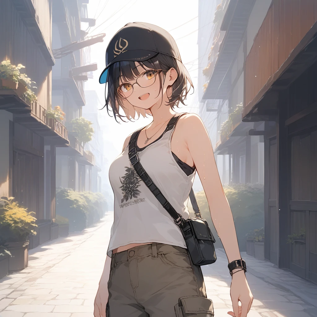 score_9, score_8_up, score_7_up, source_anime, best quality, masterpiece, official art, absurdres, highres, ultra-detailed,waifu2x,Collection: Slice of Life,break,1girl, fantasy world, short hair, glasses, medium breasts, cap, tank top, cargo pants, sweat, open mouth,smile, outdoors, wind, break,(clear line illustration:1.2),very high resolution, very aesthetic, super detailed skin, Best sexual lighting powered by famous artist, 8k,cute picture,beauty illustration,photoshop_(medium),,(Detailed Lighting),best anime 8k konachan wallpaper, pixiv contest winner,