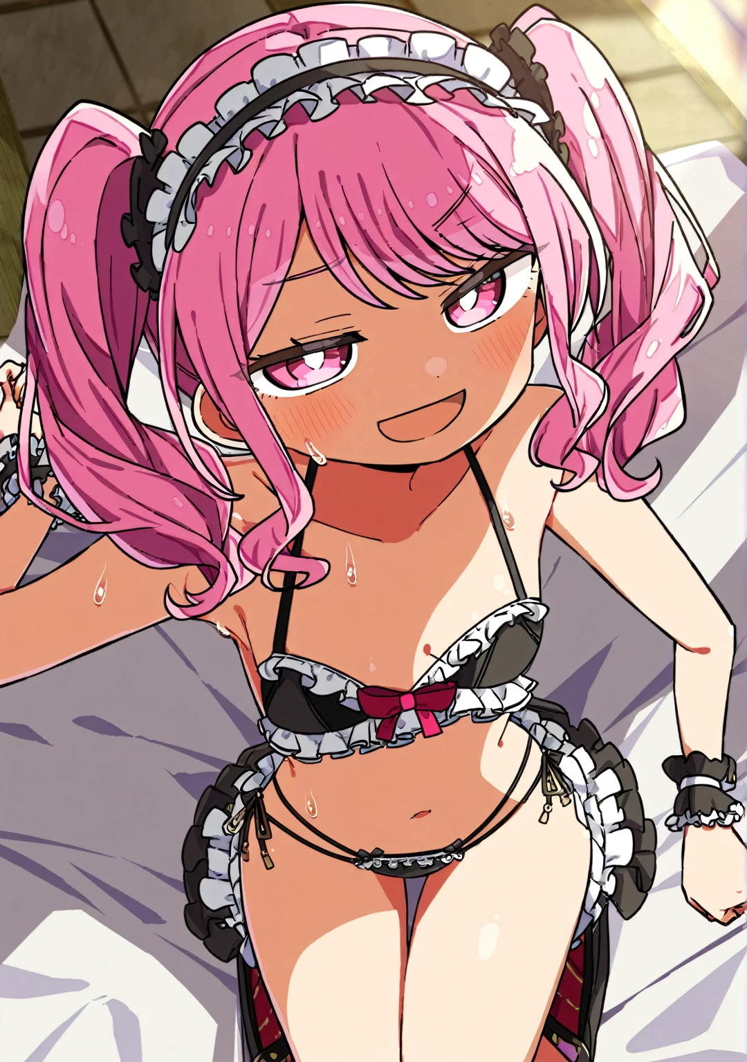 1girl,maruyama aya,{{bang dream!}}, (kanikama_style :0),{{official art}}, highly detailed,best quality, clear lines,small breasts, censored, mosaic censoring, seductive smile, fun,open mouth, solo focus, sweat, looking at viewer, bangs, collarbone, seductive smile, fun,anime visual of a cute girl,anime best girl,bangs, looking at viewer,breasts,official artwork, offcial art, official artwork, high detailed official artwork,looking at viewer, solo focus,maid bikini,maid headdress,high exposure,(navel :1.2),lying,bed,twintails,thighs,pink hair,pink eyes,solo