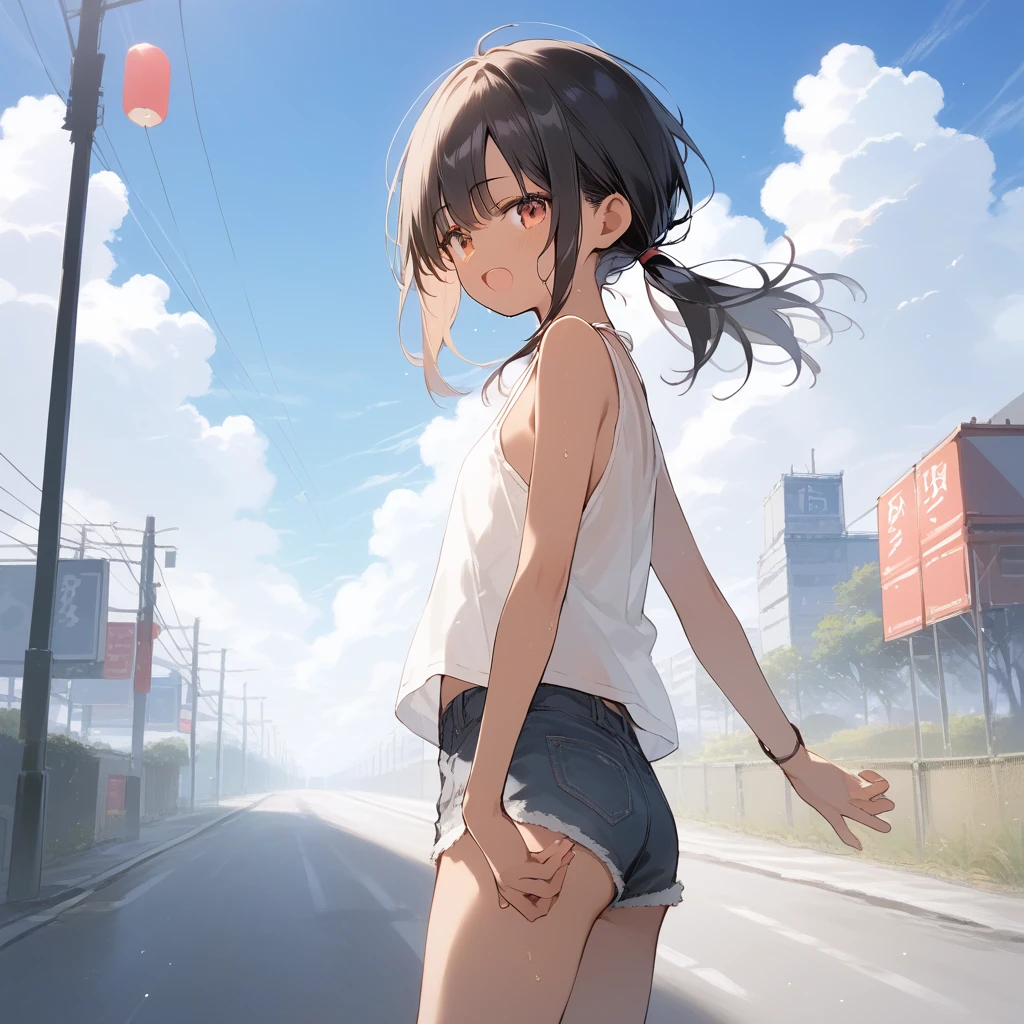 score_9, score_8_up, score_7_up, source_anime, best quality, masterpiece, official art, absurdres, highres, ultra-detailed,waifu2x,Collection: Slice of Life,break,1girl, tomboy, dark-skinned female, short hair, low ponytail, flat chest, beautiful detailed eyes, short shorts, sweat, open mouth, (yawn:0.3), sleepily, outdoors, wind, break,(clear line illustration:1.2),very high resolution, very aesthetic, super detailed skin, Best sexual lighting powered by famous artist, 8k,cute picture,beauty illustration,photoshop_(medium),,(Detailed Lighting),best anime 8k konachan wallpaper, pixiv contest winner,