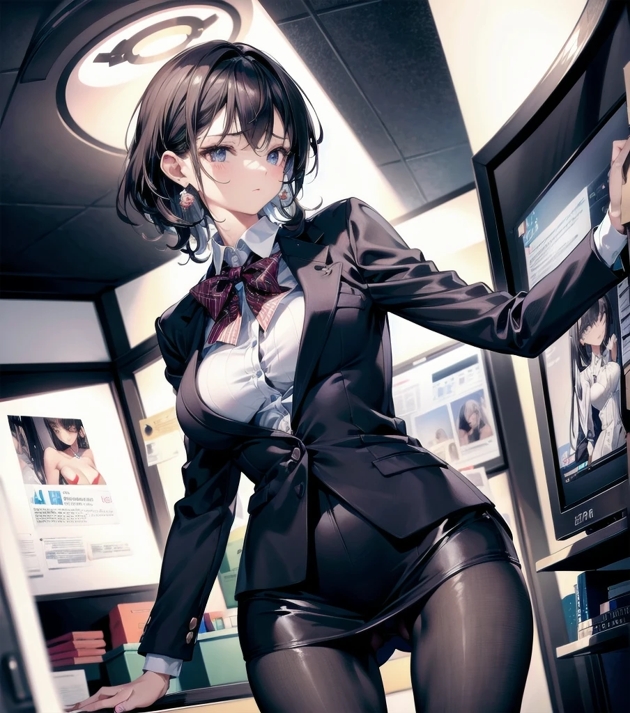 absurdres, RAW photo, extremely delicate and beautiful, masterpiece, Best Quality, ultra high resolution, 32k, hyperrealistic, ultra-detailed, ((perfect anatomy)), super Detailed skin, perfect figure, Very detailed CG 8k wallpaper, in her 20s, very Slim body, narrow waist, very small head, very small face, delicate facial features, tearful mole, earring, thin legs, huge round breasts, whole body shot, shorter middle hair, wavy hair, ((office lady suit)), blouse, blazer, skirt, ((in office)),