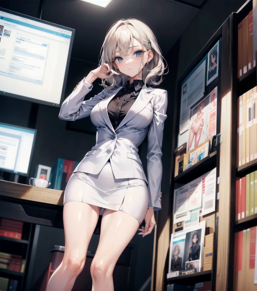 absurdres, RAW photo, extremely delicate and beautiful, masterpiece, Best Quality, ultra high resolution, 32k, hyperrealistic, ultra-detailed, ((perfect anatomy)), super Detailed skin, perfect figure, Very detailed CG 8k wallpaper, in her 20s, very Slim body, narrow waist, very small head, very small face, delicate facial features, tearful mole, earring, thin legs, huge round breasts, whole body shot, shorter middle hair, wavy hair, ((office lady suit)), blouse, blazer, skirt, ((in office)),