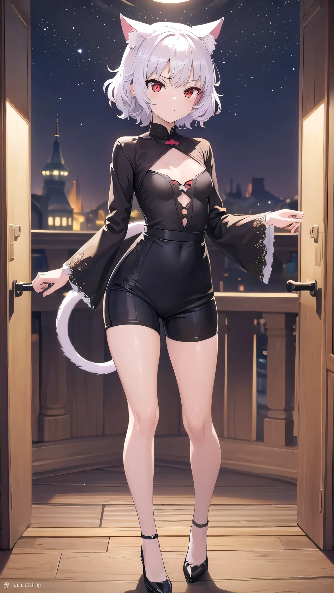 neferpitou, neferpitou, short hair, (red eyes:1.5), long sleeves, animal ears, tail, white hair, shorts, cat ears, cat tail, curly hair, (small breast:1.2), BREAK looking at viewer, BREAK outside, BREAK (masterpiece:1.2), best quality, high resolution, unity 8k wallpaper, (illustration:0.8), (beautiful detailed eyes:1.6), extremely detailed face, perfect lighting, extremely detailed CG, (perfect hands, perfect anatomy),castle,towers,nights,stars,moon,starfall,full body,from behind,angry face.