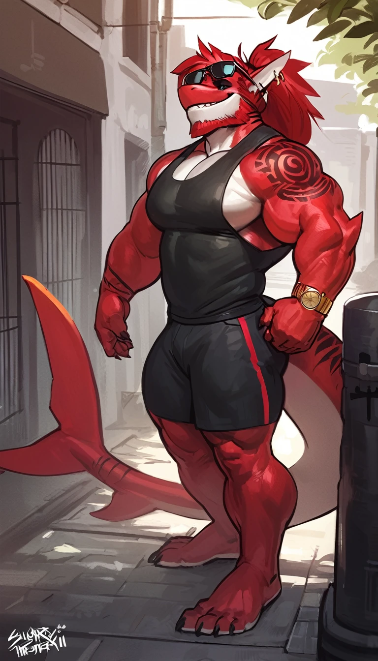bright red colored bara shark, huge plump pecs, white countershade, red skin, huge muscles, strong physique, tribal tattoos, scarlet samurai hair in ponytail, cyan colored eyes, black sclera, very muscular, perfect anatomy, scars on body, full body view in frame, solo, masterpiece, fashion model pose, beard, strong jaw, giant biceps, muscular, shark tail, grin, amazing shading, full body, detailed hands, detailed eyes, detailed face, detailed arms,anthro, muscular, (detailed:1.5), male, detailed background, by Itymnro, by sligarthetiger by darkgem, by zackary911,
standing, street background, wearing sleeveless shirt, wearing gold chains, dynamic pose, gold watch, style, fashion, sunglasses in hair, cross earrings,